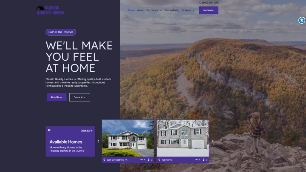 A website homepage for Classic Quality Homes featuring a large header image of vibrant fall foliage in mountains. There are buttons for 'Build The Process' and 'Contact Us,' alongside sections displaying available homes. The site focuses on web design for home builder.