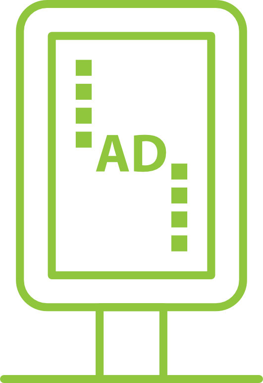 A green outline illustration of a digital advertising display screen showcasing the text "AD" in the center. The screen is supported by a simple stand, with vertical design elements on the sides.