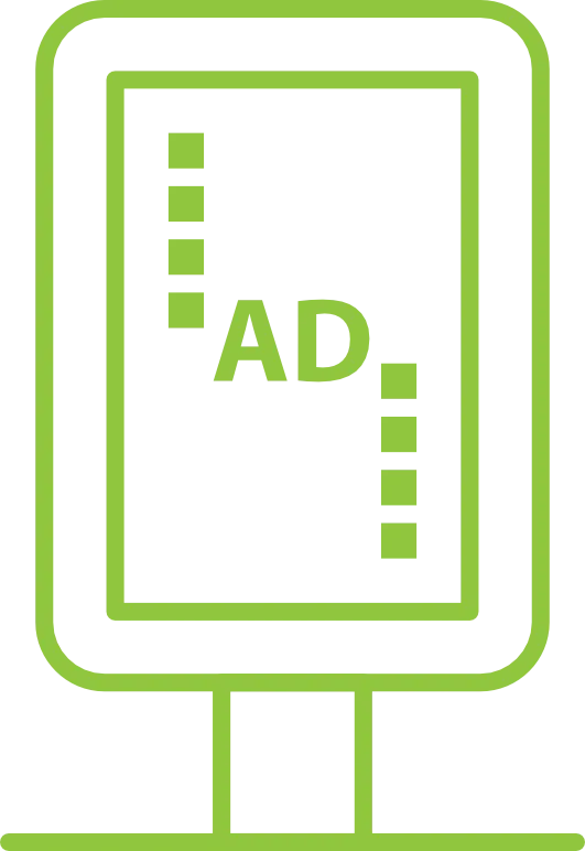 A green outline illustration of a digital advertising display screen showcasing the text "AD" in the center. The screen is supported by a simple stand, with vertical design elements on the sides.