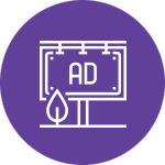 An illustration of a billboard with the word "AD" inside a rectangular frame, displayed on a purple background. Below the billboard, there is an icon of a water droplet, suggesting a connection to advertising, relevant for a full service advertising agency.