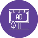 An illustration of a billboard with the word "AD" inside a rectangular frame, displayed on a purple background. Below the billboard, there is an icon of a water droplet, suggesting a connection to advertising, relevant for a full service advertising agency.