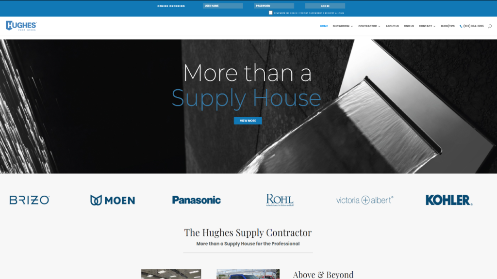 A website header featuring the phrase "More than a Supply House" on a dark background. Below are logos from brands like Brizo, Moen, Panasonic, Rohl, Victoria + Albert, and Kohler, presenting offerings relevant to the plumbing industry ecommerce.