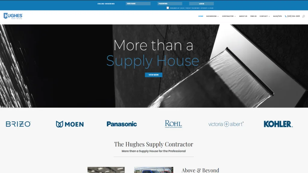 A website header featuring the phrase "More than a Supply House" on a dark background. Below are logos from brands like Brizo, Moen, Panasonic, Rohl, Victoria + Albert, and Kohler, presenting offerings relevant to the plumbing industry ecommerce.