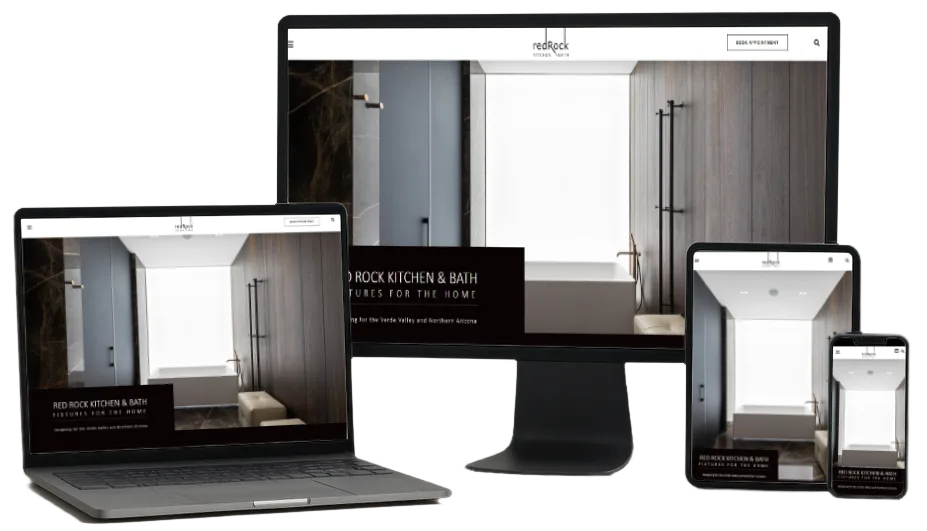 A laptop, a desktop monitor, and a tablet displaying a website about kitchen and bath fixtures for home design. The layout showcases responsive web design, adapting to different screen sizes, with a focus on modern aesthetics.