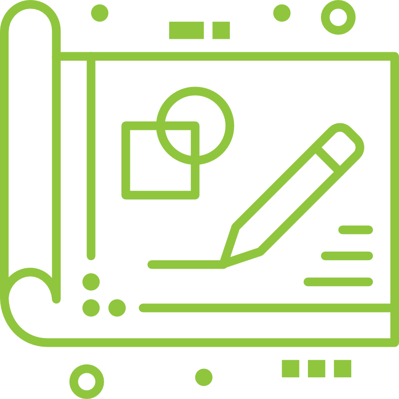 A green graphic illustration of a design blueprint featuring geometric shapes, a pencil, and lines suggesting logo design and branding elements. The blueprint is rolled at the edges and includes various circular and rectangular accents.
