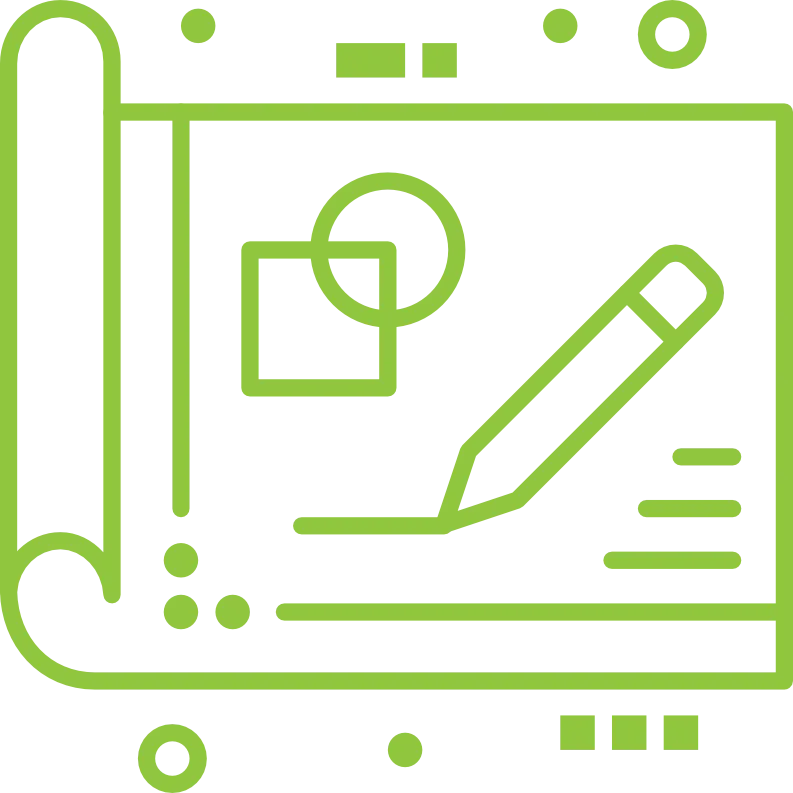 A green graphic illustration of a design blueprint featuring geometric shapes, a pencil, and lines suggesting logo design and branding elements. The blueprint is rolled at the edges and includes various circular and rectangular accents.