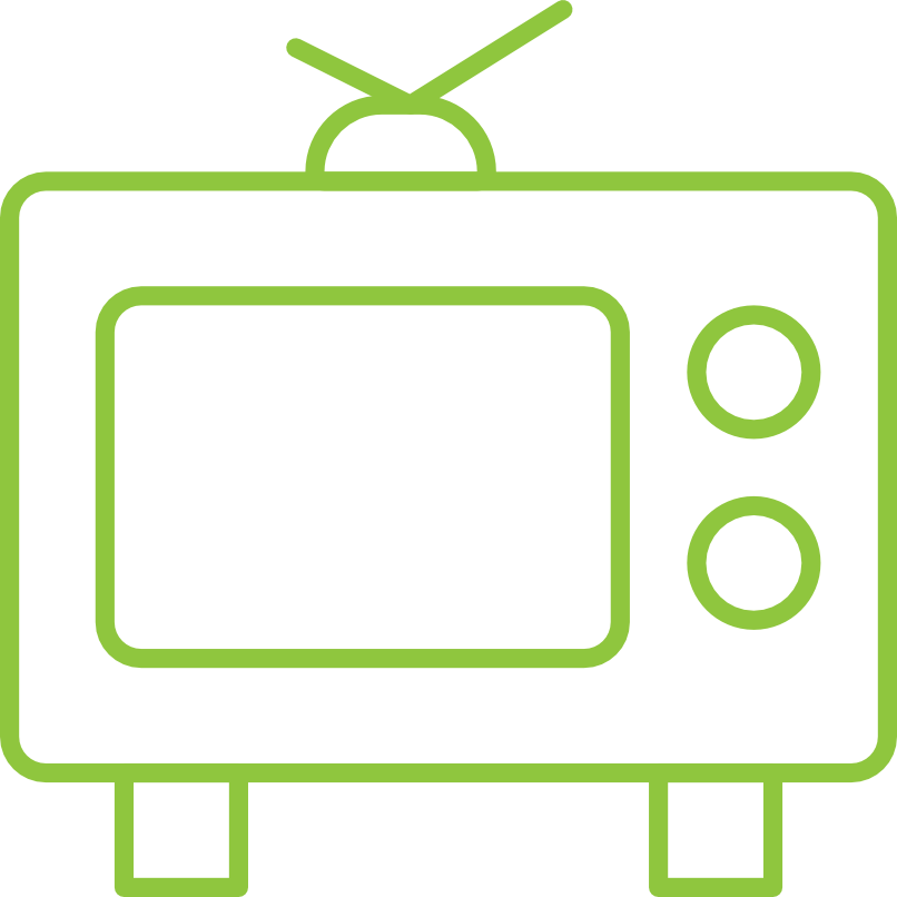 A simple line drawing of a television set with antennas, featuring a rectangular screen and two circular knobs on the side. This image represents broadcast advertising through traditional media.