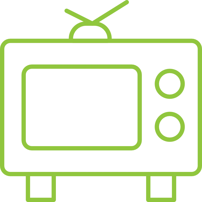 A simple line drawing of a television set with antennas, featuring a rectangular screen and two circular knobs on the side. This image represents broadcast advertising through traditional media.