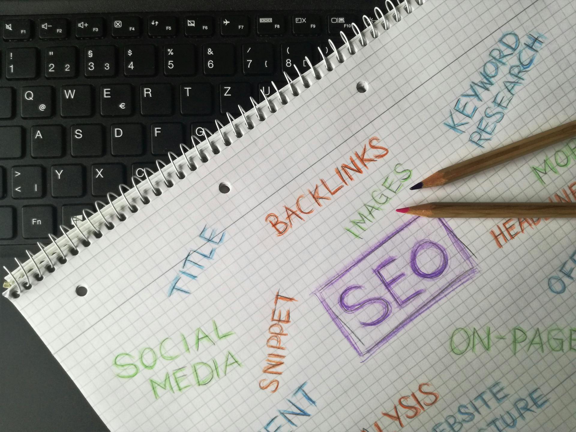 A notebook page with handwritten notes on SEO concepts, including 'SEO,' 'Images,' 'Backlinks,' and 'Keyword Research.' A pair of brown pencils is placed on the page, with a black keyboard visible in the background.