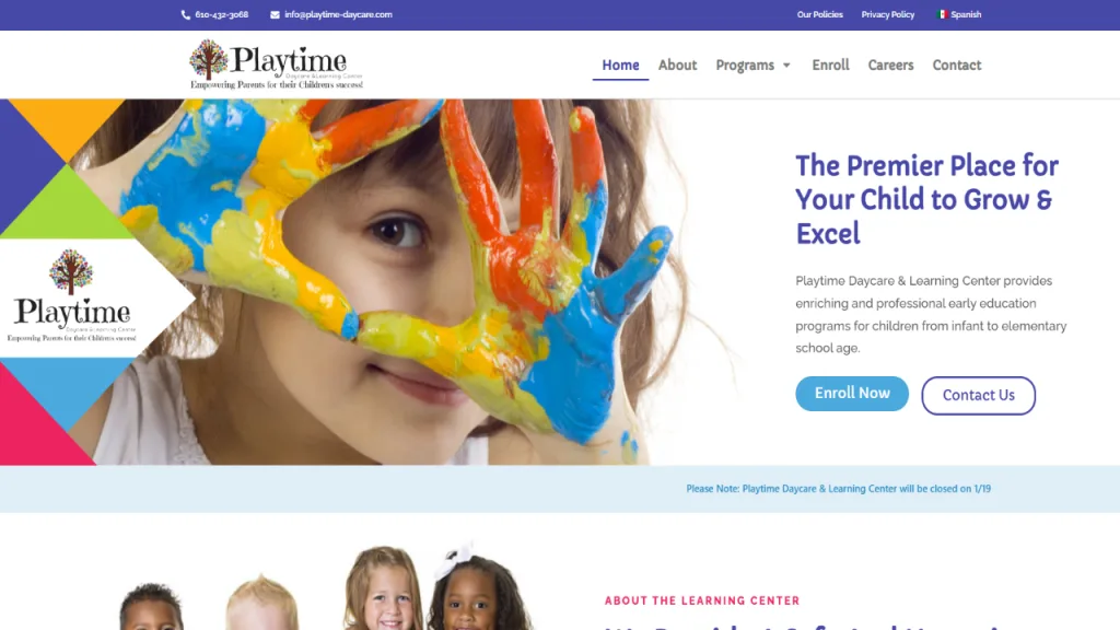 A young child with colorful paint on their hands smiles while holding up their painted hands to the camera. The background features a bright, engaging learning environment with elements that suggest a focus on growth and early education, emphasizing seo optimization.