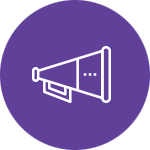 A white outline of a megaphone positioned at an angle on a purple background. The megaphone is detailed with a rectangular surface featuring dots, suggesting sound emission, representing concepts often associated with public relations.