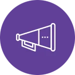 A white outline of a megaphone positioned at an angle on a purple background. The megaphone is detailed with a rectangular surface featuring dots, suggesting sound emission, representing concepts often associated with public relations.