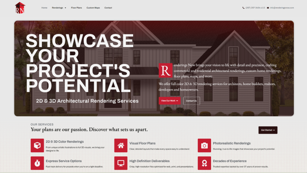 A webpage header featuring the text 'SHOWCASE YOUR PROJECT'S POTENTIAL' prominently displayed. Below, offerings include 2D and 3D architectural rendering services, such as visual floor plans, photorealistic renderings, and high-definition deliverables, on a structured layout.