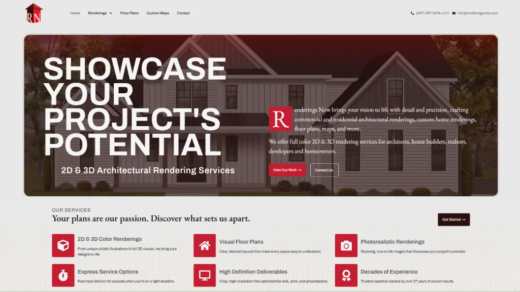 A webpage header featuring the text 'SHOWCASE YOUR PROJECT'S POTENTIAL' prominently displayed. Below, offerings include 2D and 3D architectural rendering services, such as visual floor plans, photorealistic renderings, and high-definition deliverables, on a structured layout.
