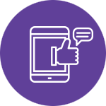 An outlined smartphone displays a thumbs-up icon and a speech bubble, representing engagement in social media marketing. The background is purple, emphasizing a digital theme.