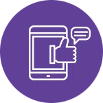An outlined smartphone displays a thumbs-up icon and a speech bubble, representing engagement in social media marketing. The background is purple, emphasizing a digital theme.