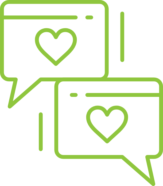 Two overlapping speech bubbles outlined in green, each containing a heart symbol. The design suggests a conversation or interaction around public relations.