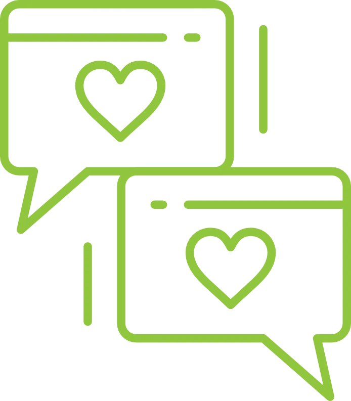 Two overlapping speech bubbles outlined in green, each containing a heart symbol. The design suggests a conversation or interaction around public relations.