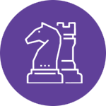 An outline illustration of a chess piece, specifically a knight, alongside another chess piece on a solid purple background. This image represents concepts like strategy and planning, relevant to brand strategy.