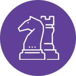 An outline illustration of a chess piece, specifically a knight, alongside another chess piece on a solid purple background. This image represents concepts like strategy and planning, relevant to brand strategy.