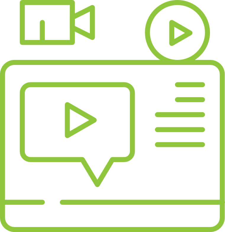 An illustration of a webpage design featuring a video player icon with a play button, a chat bubble with a play button, and a sidebar menu with horizontal lines. This design represents concepts related to social media marketing.