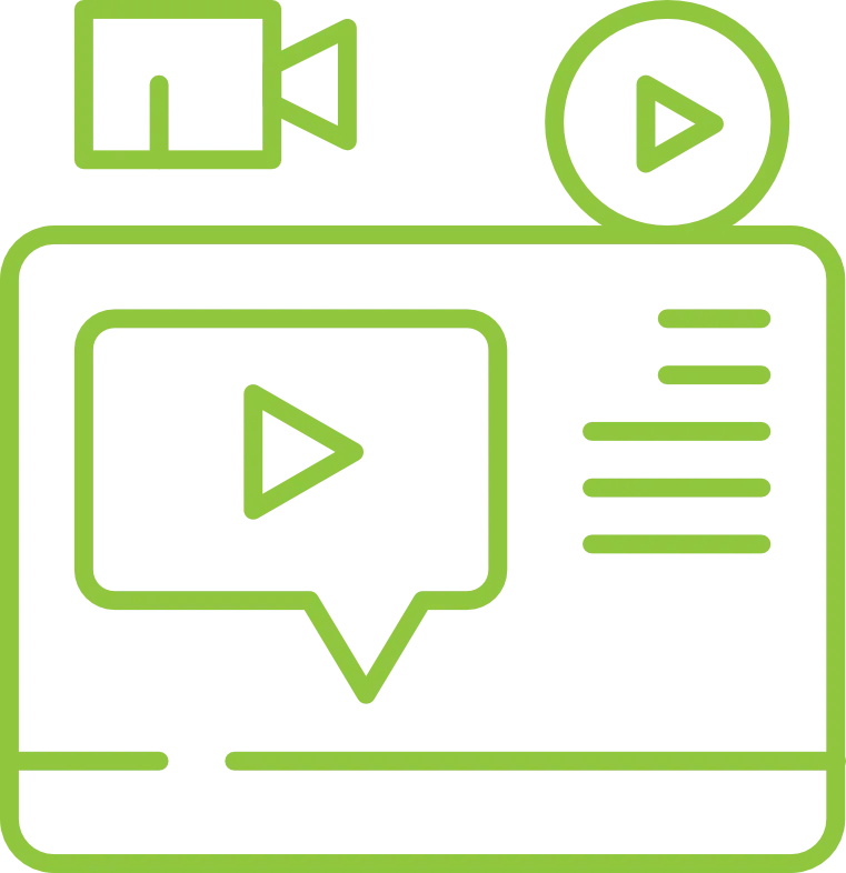 An illustration of a webpage design featuring a video player icon with a play button, a chat bubble with a play button, and a sidebar menu with horizontal lines. This design represents concepts related to social media marketing.