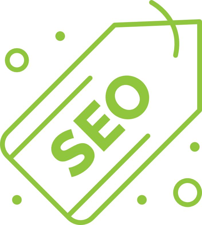 A green price tag icon featuring the text "SEO" prominently displayed. The background includes small circular shapes, enhancing the design's visual appeal relevant to seo optimization.