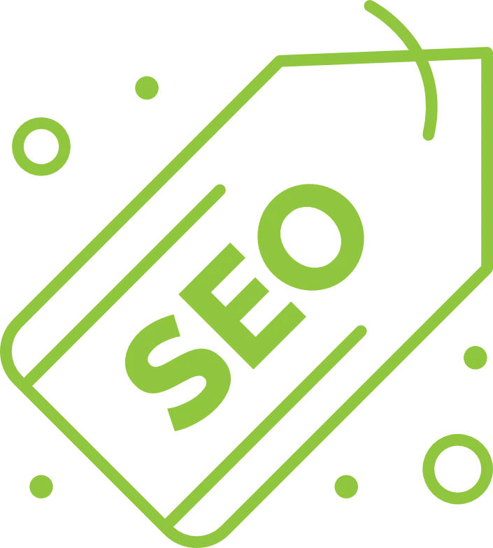A green price tag icon featuring the text "SEO" prominently displayed. The background includes small circular shapes, enhancing the design's visual appeal relevant to seo optimization.