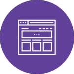 An icon depicting a simplified website layout on a purple background. The design includes a header section with three lines, a main content area featuring three rectangular boxes and a series of dots for navigation, reflecting principles of digital marketing.