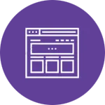 An icon depicting a simplified website layout on a purple background. The design includes a header section with three lines, a main content area featuring three rectangular boxes and a series of dots for navigation, reflecting principles of digital marketing.