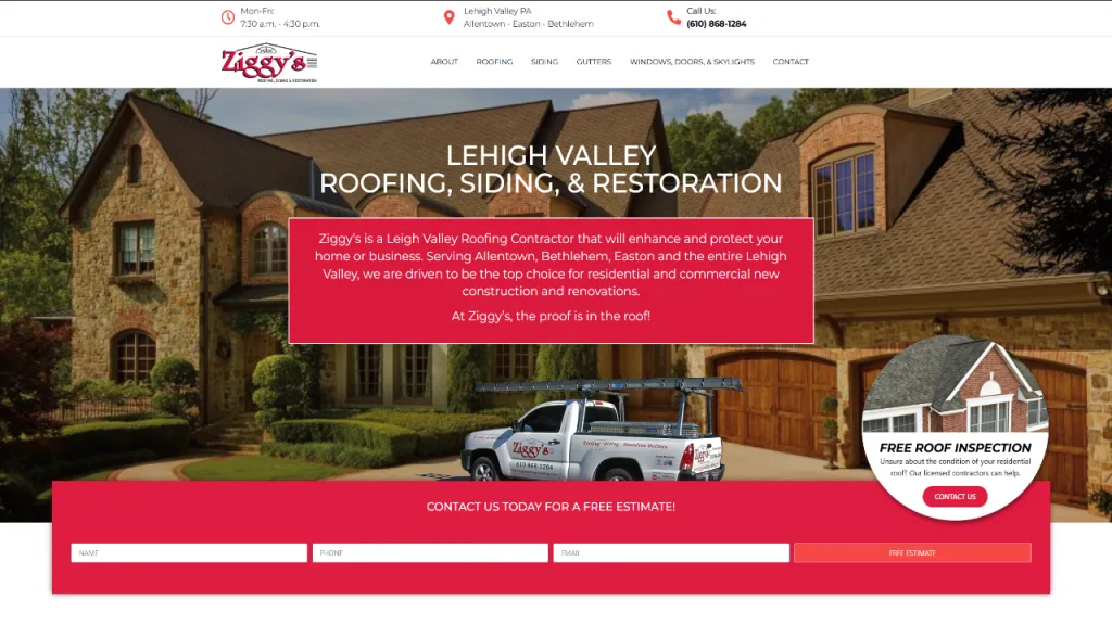 A website screenshot for Ziggy's, a contractor specializing in roofing, siding, and restoration in the Lehigh Valley. The site features a large image of a home with a truck parked in front, highlighting contractor web design and a call-to-action for a free roof inspection.