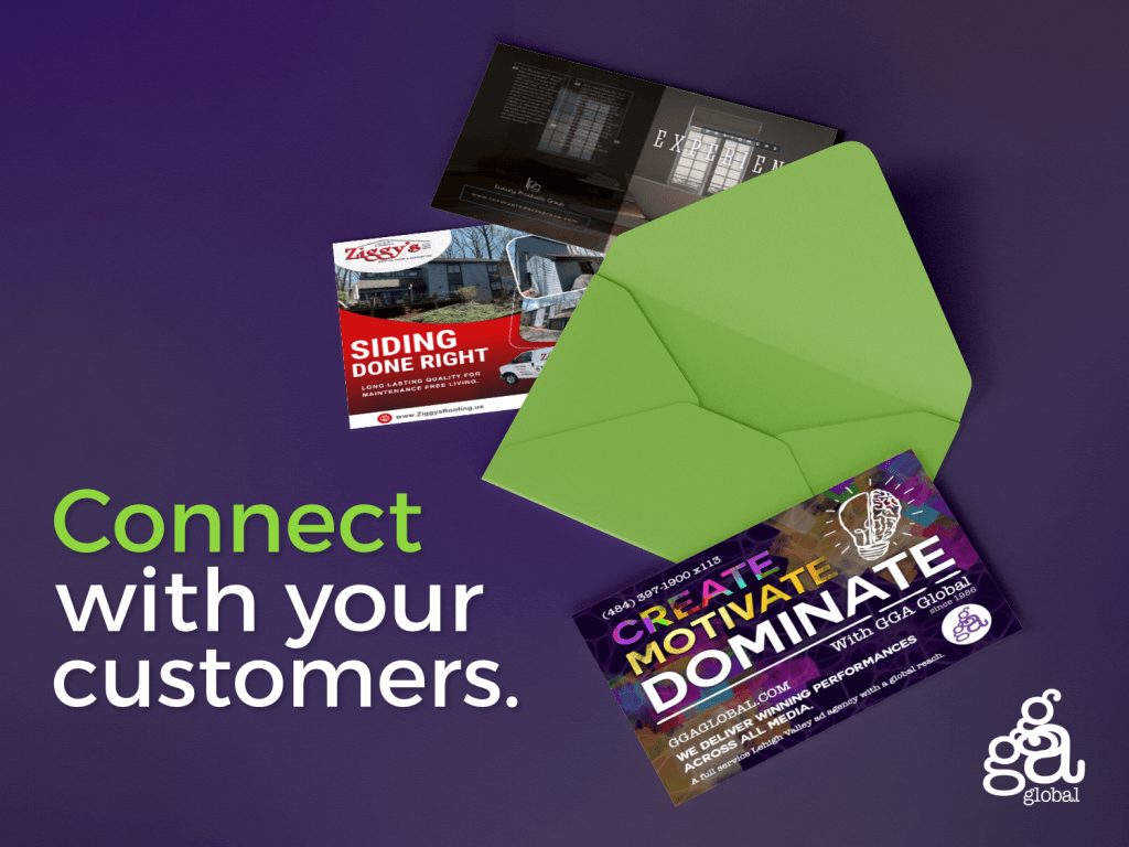 An assortment of printed materials including postcards and an envelope. The green envelope rests on a dark surface alongside marketing flyers. The text on the image includes "Connect with your customers" in bold letters, emphasizing customer engagement.